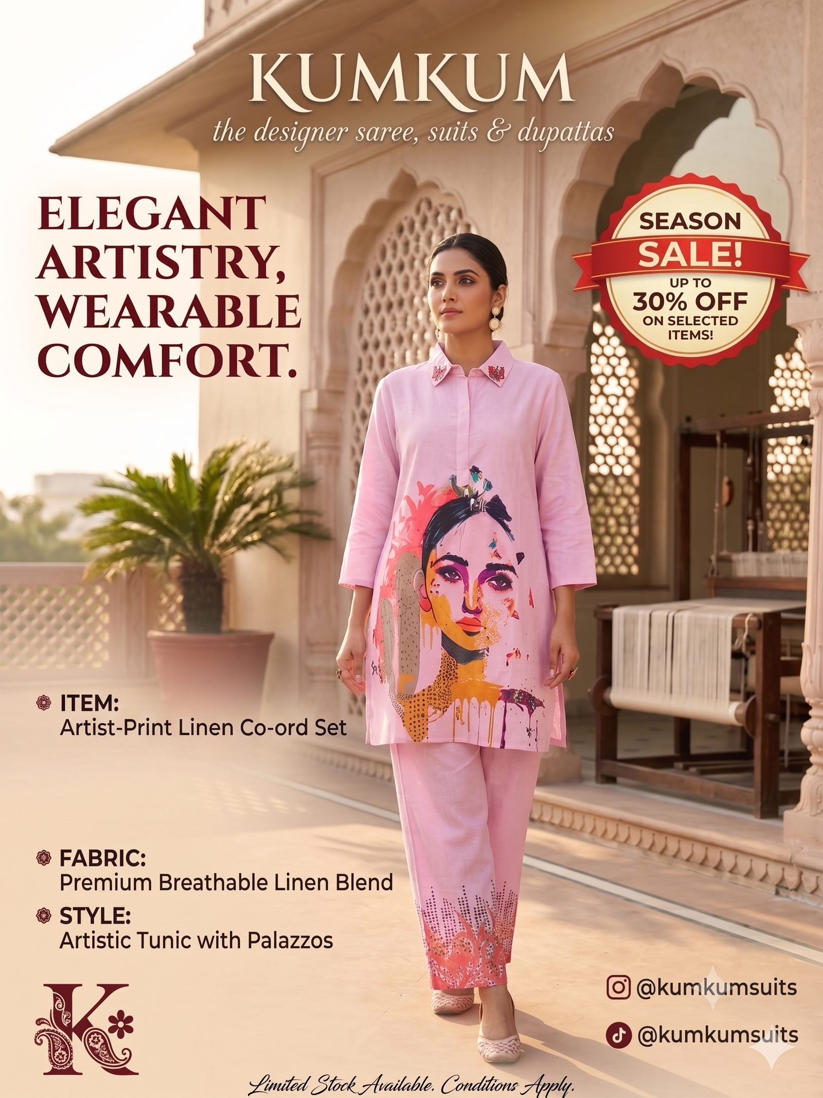 Artist-Print Linen Tunic & Palazzo Set