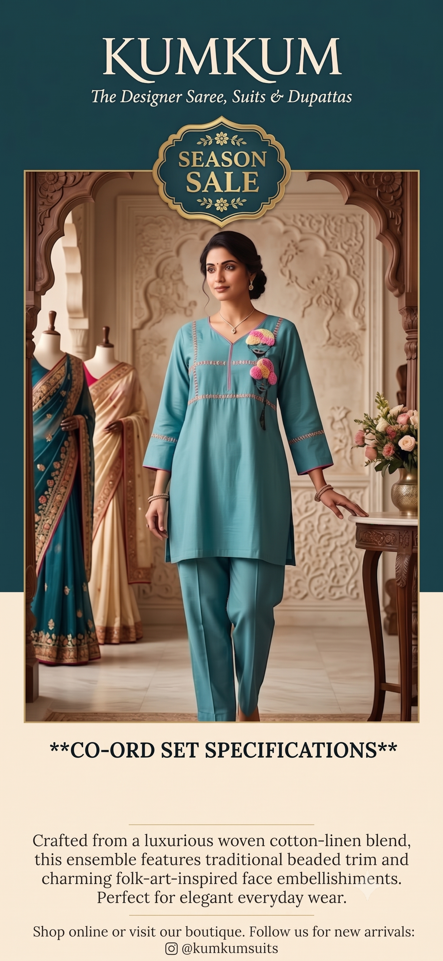Powder Teal Woven Cotton-Linen Folk Art Co-ord Set
