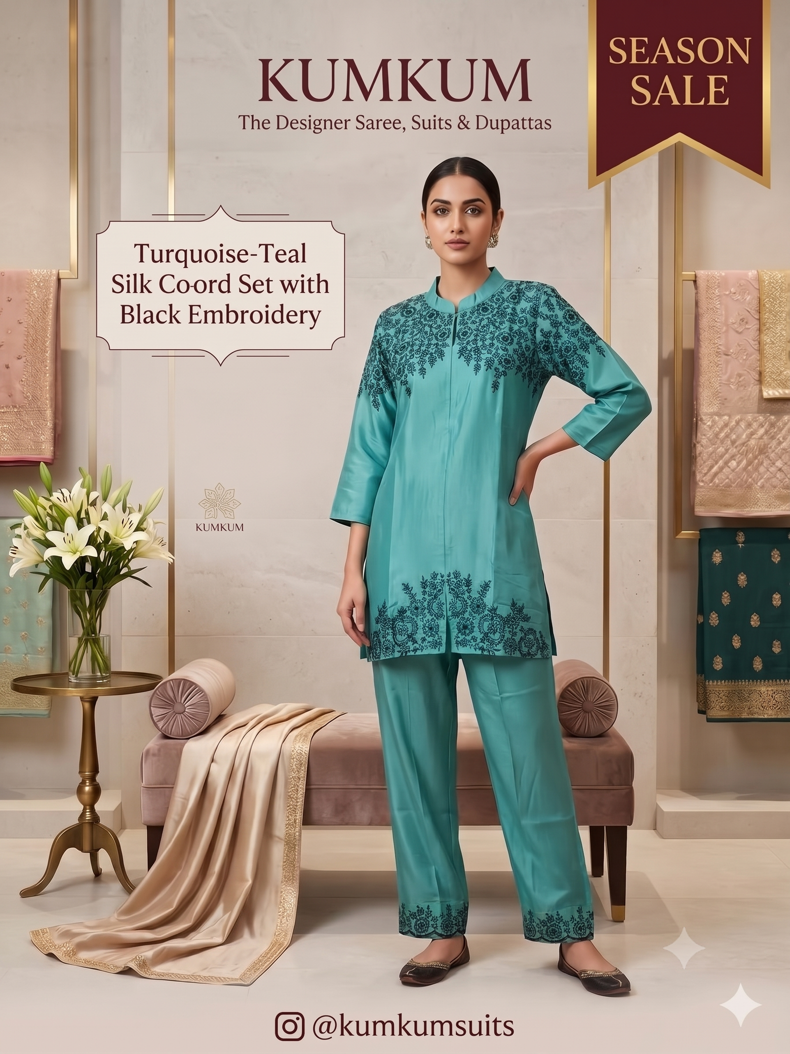 Turquoise-Teal Silk Embroidered Co-ord Set