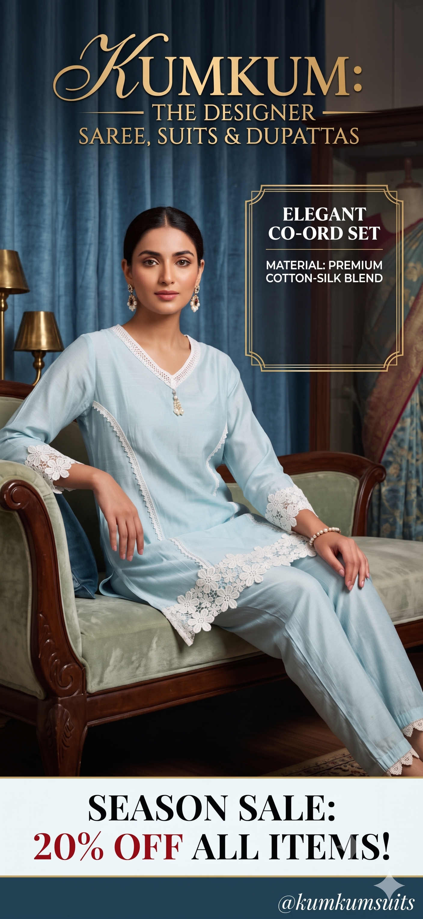 Powder Blue Floral Lace Cotton-Silk Co-ord Set